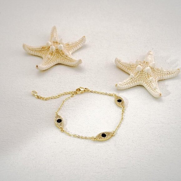 14K Gold Plated Evil Eye Stackable Link Chain Ring Bracelet Hand Chain for Women - Picture 5 of 8